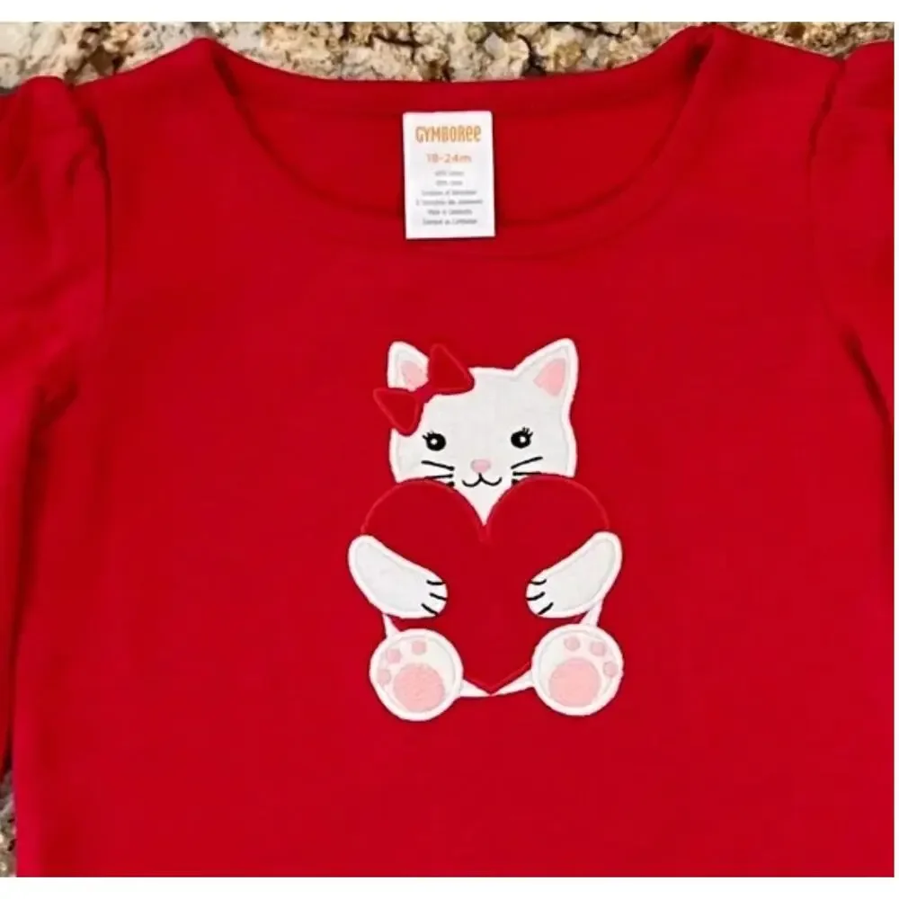 **NWT Gymboree Girls Red W/Embroidered Valentine Heart Cat Top